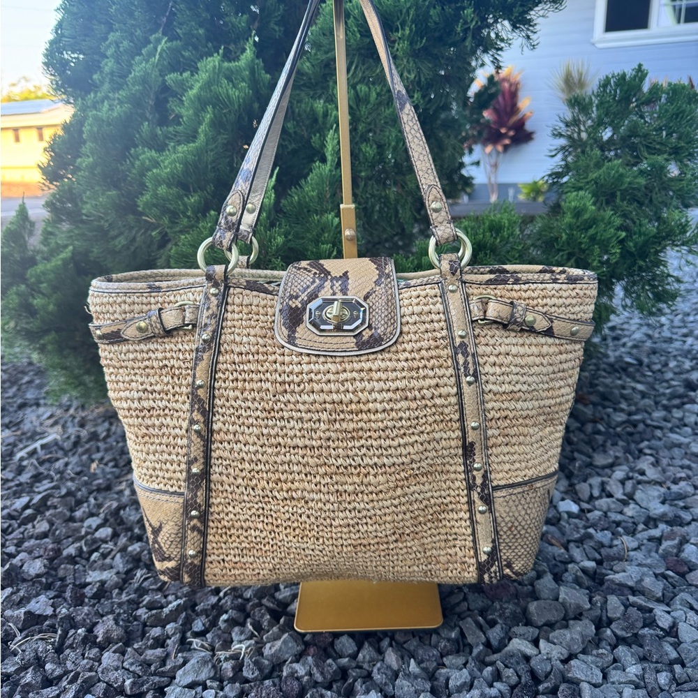 Coach Straw Woven Tote Snakeskin Trim Turnlock Shoulder Bag F10588